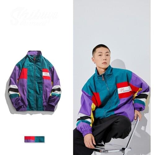 ERENEJIAN Mens Fashion Sportswear Jacket Trend Blocking Vertical Coat Hi Street Patchwork Hip Hop Outerwear Tops Clothing
