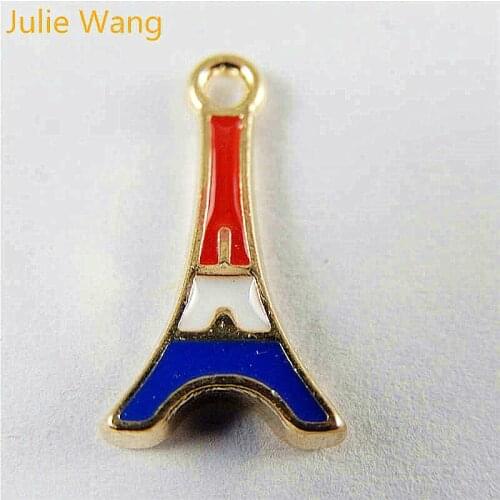 Julie Wang 15PCS Enamel Red White Blue Eiffel Tower Alloy Gold Tone Charms Pendant Earrings Jewelry Making Accessory