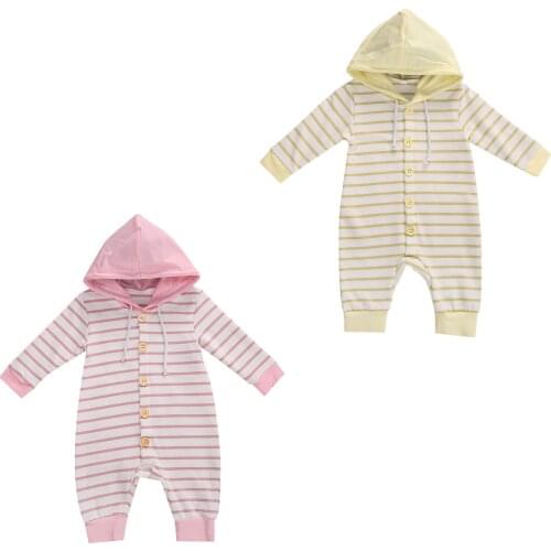 Newborn Striped Romper Infant Long Sleeve Drawstring Hooded Jumpsuit Casual Style Spring Autumn Clothing Playsuit