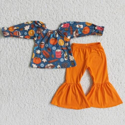 Thanksgiving Day Fashion Baby Girls Festival Outfits Long Sleeve Pumpkin Pattern Top Bell Botton Pants
