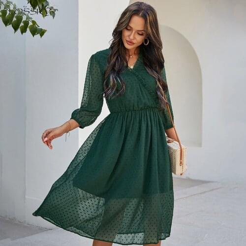 Long Dresses For Women Black Casual Ladies Fashion V Neck 3/4 Sleeve Fall Chiffon Dress New Arrival 2021 Clothes Summer Spring