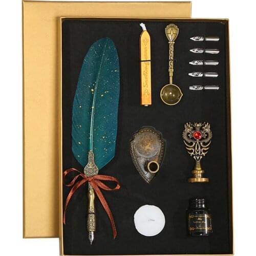 Luxury Fountain Pen Set Vintage Sprinkling Gold Feather Pen Ink Bottle Calligraphy Writing Dip Pen Birthday Gift Box with 5x Nib