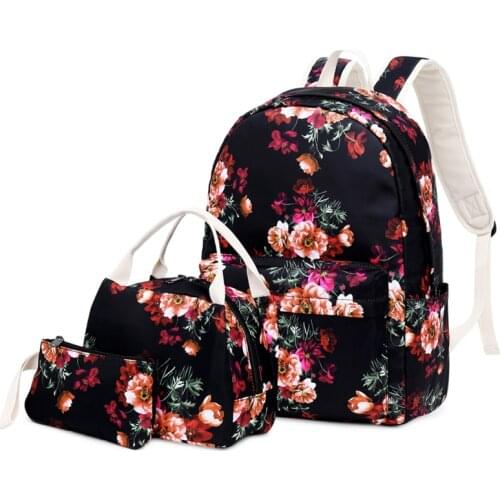 Floral Backpack+Meal Pack+Pencil Case Backpack 3Pcs Set Casual Backpacks School Teens Student Travel Backpack Mochila Feminina