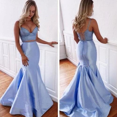 Sexy Spaghetti Blue Satin Mermaid Prom Dresses Sweep Train Top Beading 2 Piece Prom Dresses on Sale Lace Up Back vestido