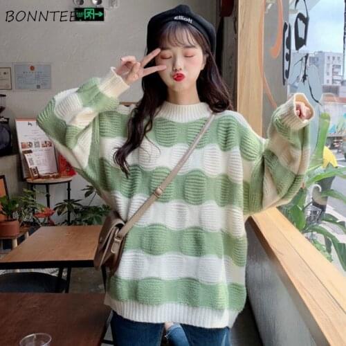 Sweaters Women Sweet Lovely Autumn Loose Patchwork Female Pullovers Casual Stylish Soft Long Sleeve Knitting College All-match