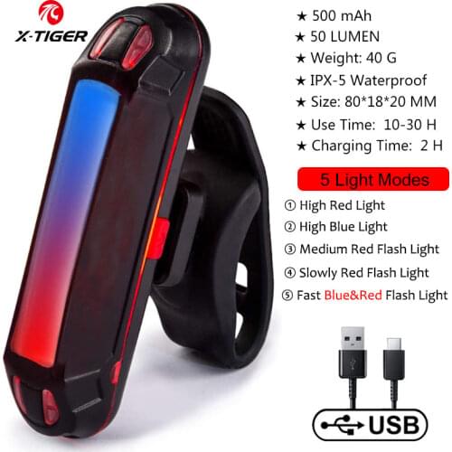 X-Tiger Bicycle Rear Light IPX-5 Waterproof USB Rechargeable LED Safety Warning Lamp Bike Flashing Accessories Cycling Taillight