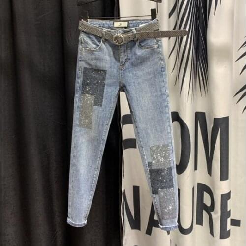 High-Waist Jeans Women Stretch Slim-Fit Denim Jeans Womens 2020 Spring New Sequined Rhinestone Hot Drill Pencil Pants Jeans