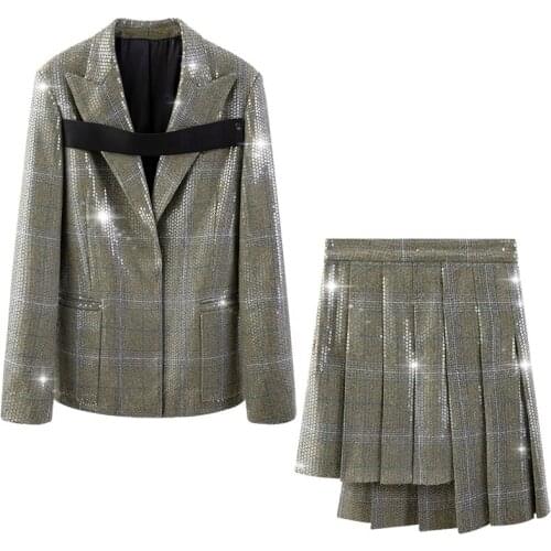 Irregular Sequins Womens Suit Patchwork Plaid Suits With Skirt Tops Women 2021 Asymmetry High Waist Skirts Sets Matching