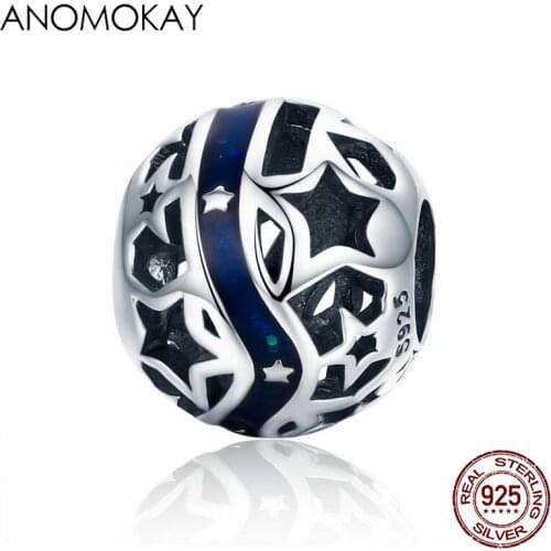 Anomokay Genuine 925 Sterling Silver Sparkling Galaxy Star Beads fit Women Bracelet Bangles S925 Dark Blue Charms DIY Jewelry