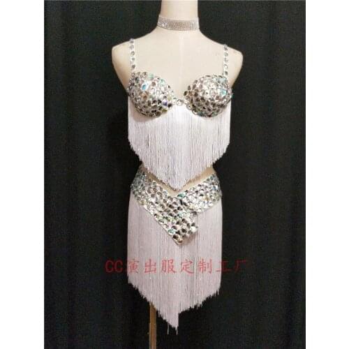 Women New Sexy Female Model Car Host DJDS Rhinestone White Bikini Fringe Dance Costume Performance Costume Party Celebration