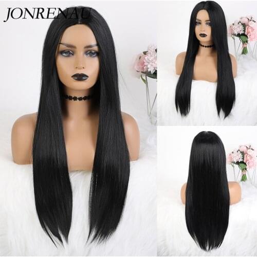 Jonrenau 30 Inch Long Black Straight Midium Part Synthetic Wigs Cosplay Daily Use Hair Wig for Women Heat Resistant Fibre