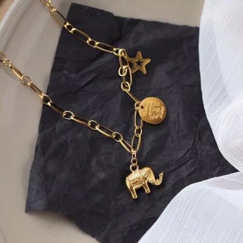 Vintage 3D auspicious elephant necklace for women stainless steel gold plated coin star pendant necklace
