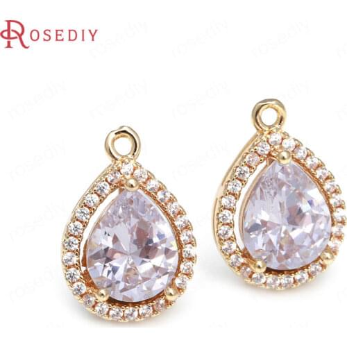 40049)6PCS 12x17MM 24K Champagne Gold Color Brass and Zircon Drop Shape Charms Pendants Jewelry Making Supplies Diy Findings
