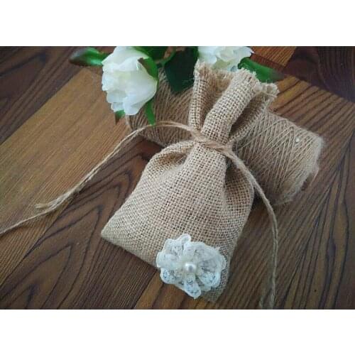 Free shipping DIY handmade rose flower Burlap lace bag Candy Bag burlap bag Lace beads bag