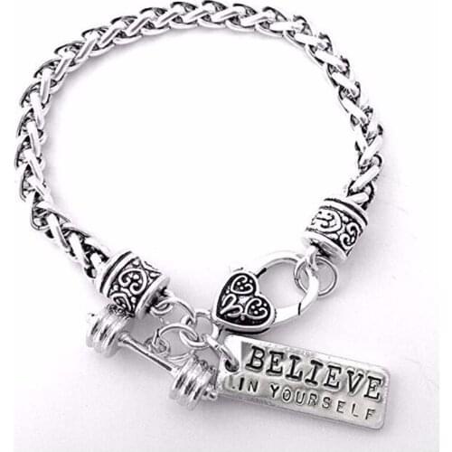 Fitness Dumbell Barbell Antique Silver Charm Bracelet "Believe In Yourself"