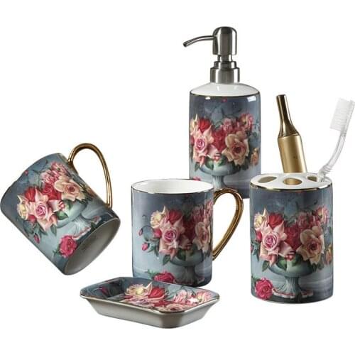 Ceramic Bathroom Toiletries Accessories Soap Dispenser/Dish Toothbrush Holder & Gargle Cups Tray 5 Piece Set Wedding Gifts