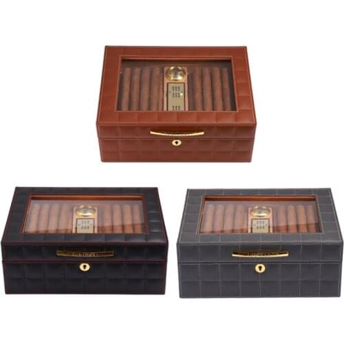 Leather Cedar Wood Humidor Cigar Box Portable Cigar Case W/ Hygrometer Humidifier Cigar Humidor Box For Cuba COHIBA Cigars