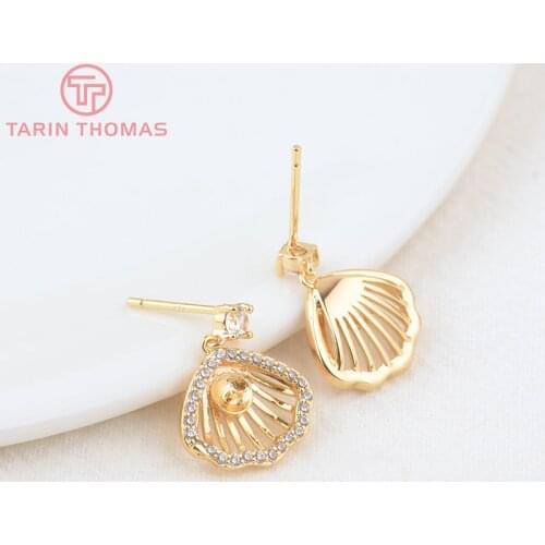 2PCS 13.5x17MM 24K Gold Color Brass with Zircon Shell Stud Earrings High Quality DIY Jewelry Making Findings Accessories