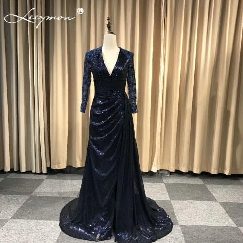 Leeymon Custom Made Navy Mermaid Sequin Evening Dress Vintage Vestido De Festa Long Prom Dress Evening Party Gown