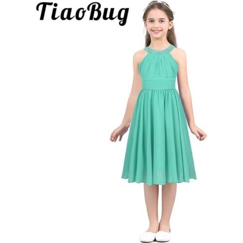 Tiaobug Summer Kids Girls Children Princess Flower Shaped Rhinestone Halter Neck Chiffon Tulle Dress for Birthday Formal Party