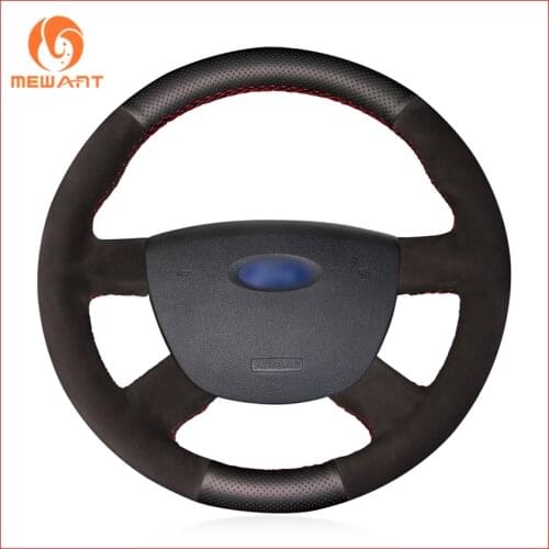 MEWANT Black Genuine Leather Black Suede Car Steering Wheel Cover for Ford Kuga 2008-2011 Focus 2 2005-2011 C-MAX 2007-2010