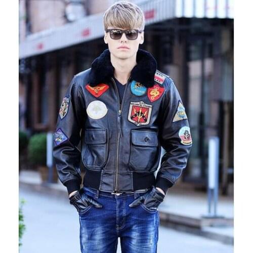 2016 New Flight Top Gun Leather Jacket Fat loose big yards S-XXL Wool Collar Genuine Sheepskin Men Military A2 Pilot Jacket