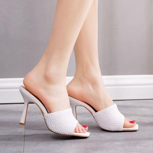 Woman Slippers High Heels Summer Ladies Wedding Shoes Slides White Pearl Sandals