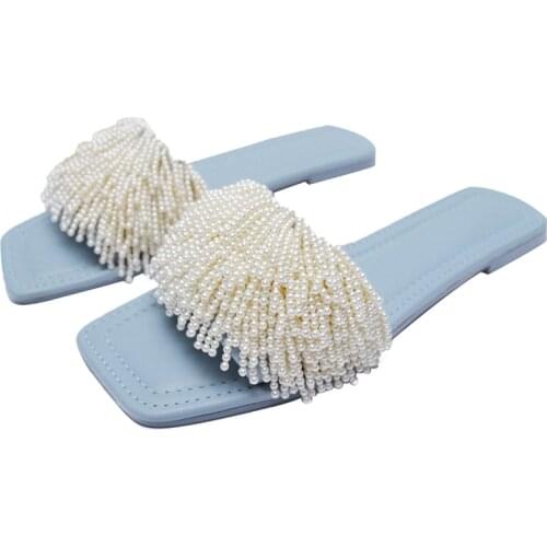 Flats Slippers 2021 Summer Holiday Beach Shoes Woman Handmade Pearl Flats Slides Sky Blue Elegant Flats Sandalias Flip Flops