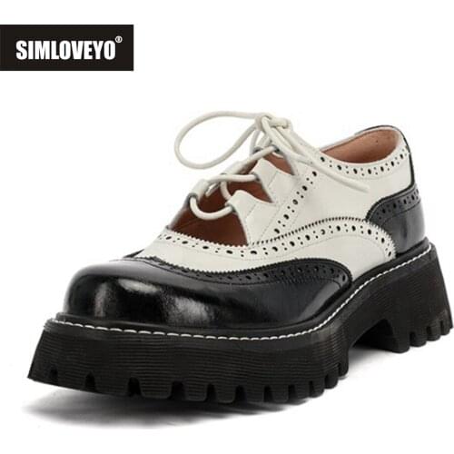 SIMLOVEYO Genuine Leather Lace-Up Women Shoes Fashion Hollow Carved Handmade Brogue Shoes Mixed Colors Round Toe Platform S2184