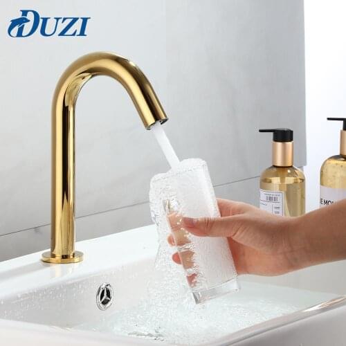 Contemporary Bathroom Automatic Infrared Sensor Batteryed Power Hot And Cold Water Gold Plated Basin Faucet Touchless Mixer Tap