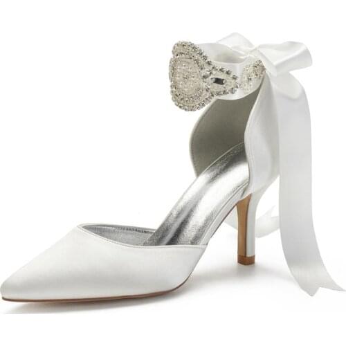 High Heels Satin Crystals Women Wedding Shoes Pointed Toe Ribbon Tie Prom Evening Formal Party Dress Pumps