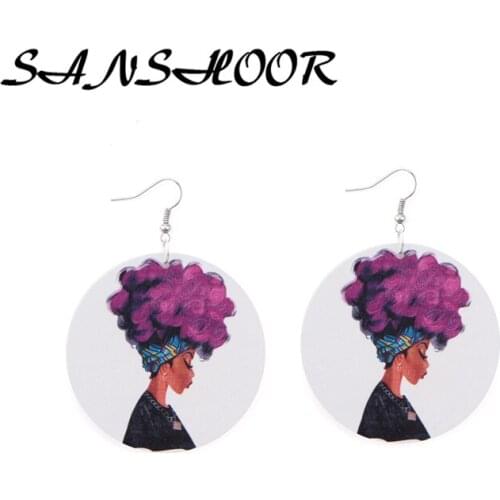 SANSHOOR Color AFro Wooden Headwrap Earrings With Purple Hair Printed Drop Dangle Earrings Afrocentric Jewelry For Women 2Pairs