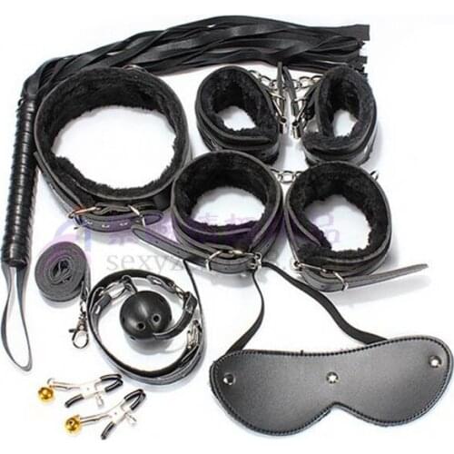 7PCS/set Salve Adult Games Sexy Double Faux Leather Plush Fetish Bondage Kit,Bed Restraints Set Sextoys Adults For Couples