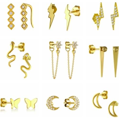 Aide 925 Sterling Silver Cute Curved Snake Butterfly Stud Earrings For Women Girls Zircon Line Moon Ear Stud Party Fine Jewelry