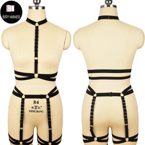 Black Body Harness Set Open Chest Cage Bra Harness Set Sock Garters Thigh Body Harness