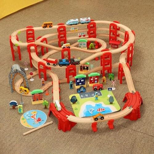 Wooden Railway Train Track Toys Set Garage For Cars Electric Train Ring Multi-layer Wooden Track Parking Lot Toy Children Gift