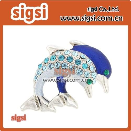 Double dolphins shape blue rhinestone brooch and pins for clothing jewelry
