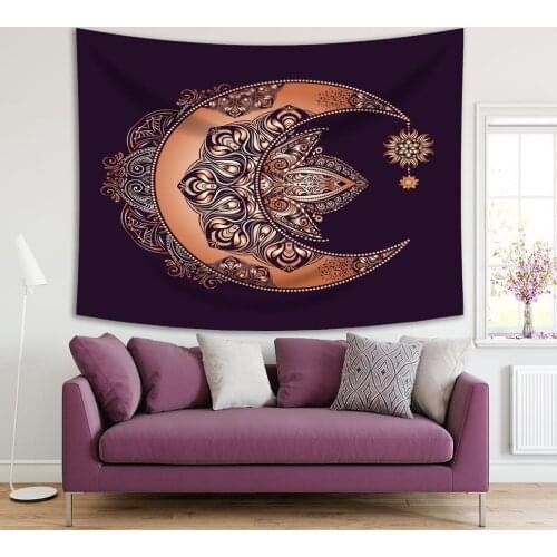 Tapestry Golden Crescent Moon and Sun Mandala Mstrology Magic Symbol Floral Art Printed Purple Brown
