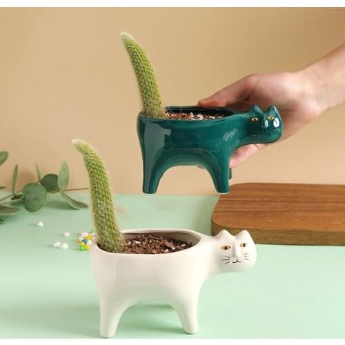 Creative Cat Tail Succulent Cactus Ceramic Flowerpot Cartoon Miniature Handmade Cute Garden Office Desk Decoration Accessories