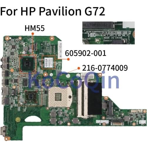 KoCoQin laptop Motherboard For HP Pavilion G72 605902-001 605902-501 01013Y000-575-G HM55 216-0774009 DDR3 Mainboard