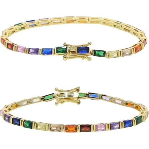Minimalist small baguette cz colorful rainbow tennis bracelet gold plated jewelry for women