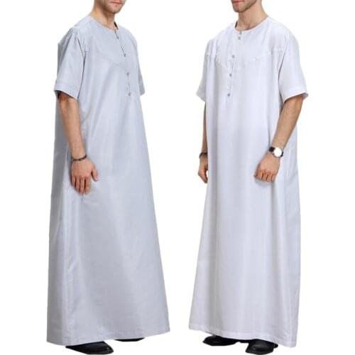 Mens Short Sleeve Solid Casual Muslim Arab Thobe Full Length Thawb Caftan