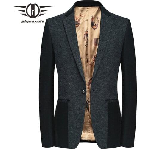 2019 Slim Fit Men Wool Blazer Autumn Fashion Patchwork Designs Woolen Blazer Jacket Classic One Button Mens Blazers Casual Q517