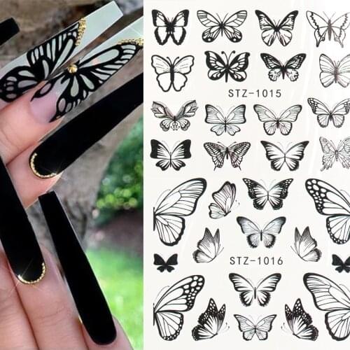 Butterfly Black Stickers For Nails Spring Summer Floral Nail Design Sticker For Manicure Water Transfer Wrap Decor LESTZ982-1017