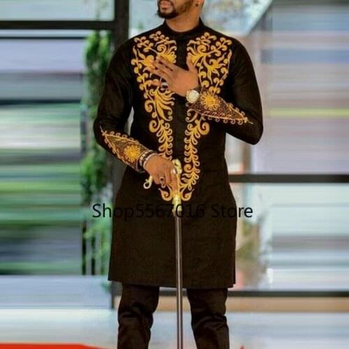 2021 New Mens Mid-length Printed T-shirt Dashiki Slim Long Sleeve Top African Mens Fashion Muslim Casual Shirt Plus Size