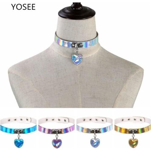 2018 PU Leather Choker Necklace for Women Holographic Laser Collar Heart Necklace Chocker Fashion PUNK Jewelry