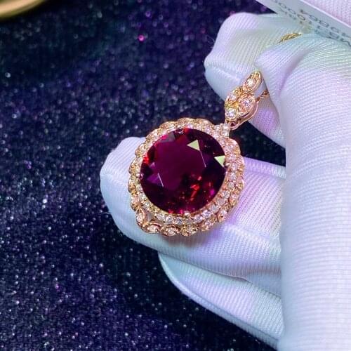 Rubillite Tourmaline Pendant Real 18K Gold Natural Rubillite Tourmaline 6.5ct Gemstones Diamonds Pendant Necklace