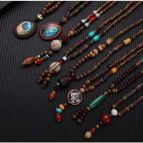 Feather Elephant Wood Beaded Stone Pendant Necklace Ethnic Buddhist Nepal Women Men Vintage Handmade Jewelry Lucky Gift