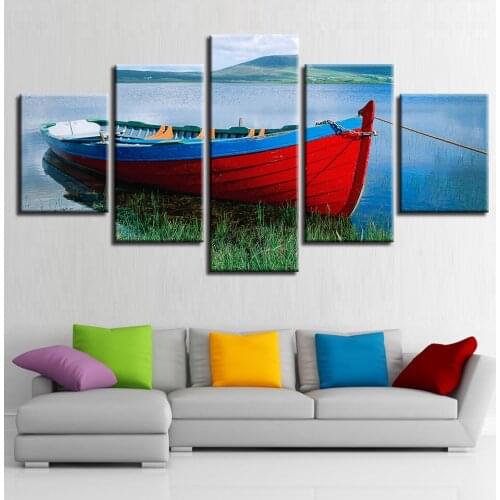 Printing Poster Modular Canvas Pictures Decor Home Living Room 5 Pieces Ship River Mountain Scenery Paintings (No Frame)