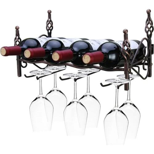 Retro Metal Wall-Mounted Wine Rack & Glasses Holder 6 Glass Cups & 4 Bottles Whiskey Champagne Beer Organizer For Bar Cabinet